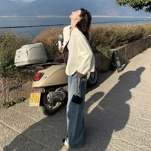 格纹直筒型圆领拉链拼接短外套短款上衣秋季学生气质春秋气质长袖图片