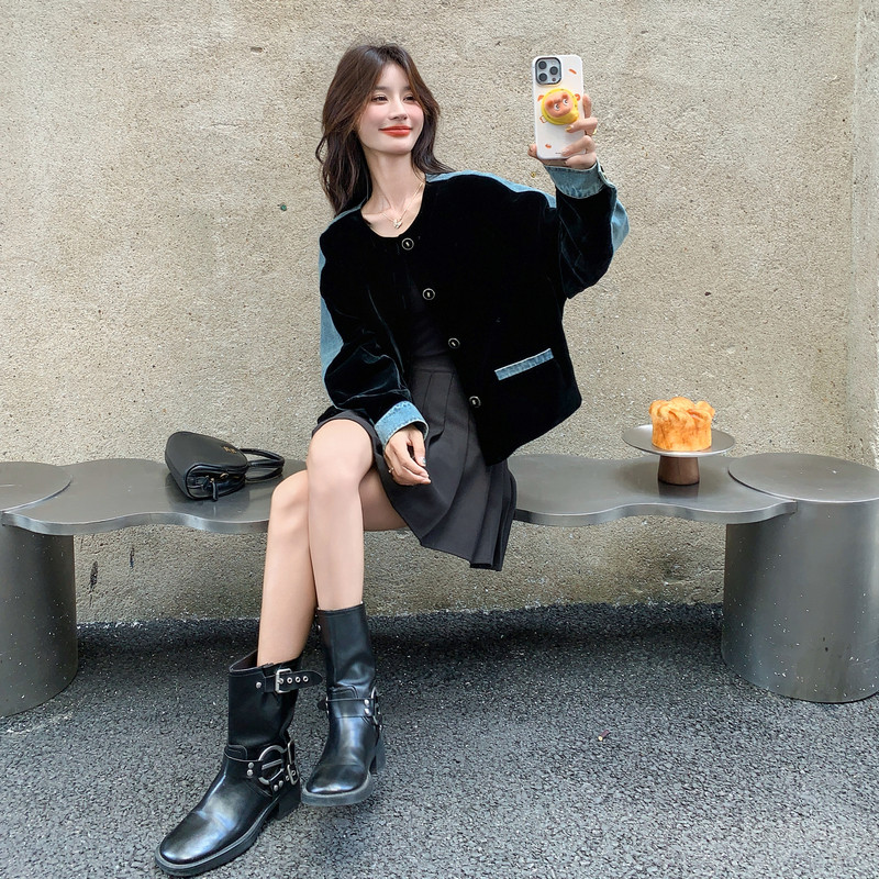 慵懒风牛仔拼接丝绒外套女2025秋季新款韩版氛围感显瘦圆领夹克潮,女装短外套,2C196