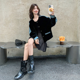 慵懒风牛仔拼接丝绒外套女2025秋季新款韩版氛围感显瘦圆领夹克潮，女装短外套，2C196
