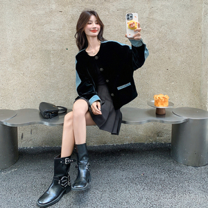 慵懒风牛仔拼接丝绒外套女2025秋季新款韩版氛围感显瘦圆领夹克潮图片