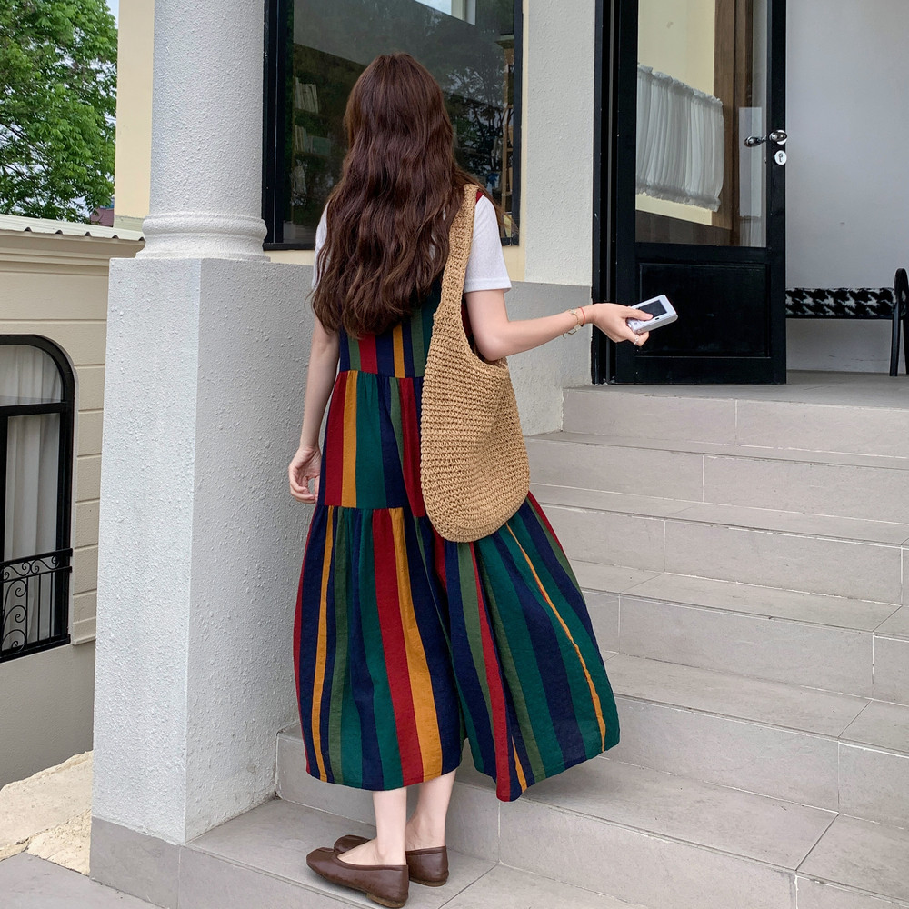 休闲T恤撞色条纹背带连衣裙套装女夏季2025新款今年流行爆款长裙图片