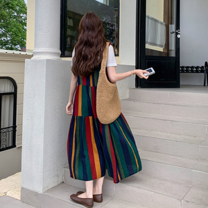 休闲T恤撞色条纹背带连衣裙套装女夏季2025新款今年流行爆款长裙图片