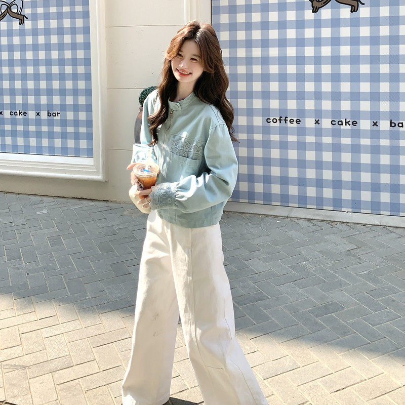 高级小众韩系chic蕾丝牛仔外套女春秋超火好看独特漂亮短夹克上衣,女装短外套,2C196