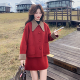 红色双面羊绒大衣两件套女秋冬一整套穿搭毛呢外套半身裙时尚套装，女装套装/套裙，2C196