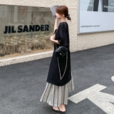 慵懒风黑色中长款开叉T恤阔腿裙裤套装女2025夏新款高级感两件套，女装套装/套裙，2C196