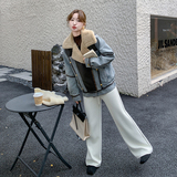 设计感PU皮拼接牛仔派克服女冬季加绒加厚皮毛一体机车羊羔毛外套，女装派克服，2C196