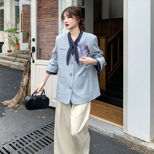 早春穿搭牛仔拼接西装外套女2025新款可盐可甜小众别致休闲小西服图片
