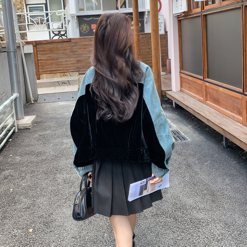 慵懒风牛仔拼接丝绒外套女2025秋季新款韩版氛围感显瘦圆领夹克潮,女装短外套,2C196