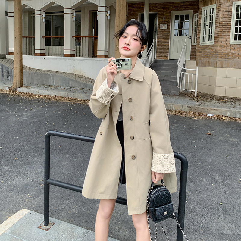 卡其色休闲风衣外套女中长款2025春季新款韩版宽松显瘦英伦风大衣图片