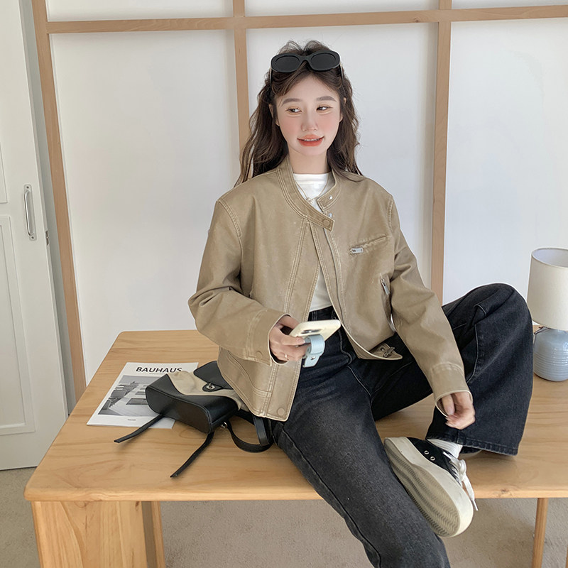 美式复古卡其色皮衣外套女春秋2025新款超火高级感机车服工装夹克,女装皮衣,2C196