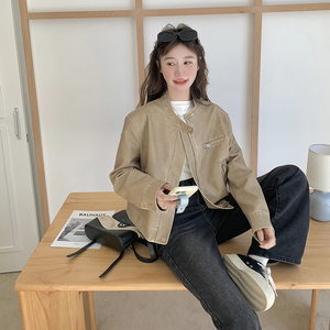 美式复古卡其色皮衣外套女春秋2025新款超火高级感机车服工装夹克图片