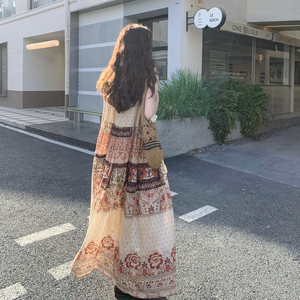 复古波西米亚度假风印花无袖长裙女夏新款赫本风气质显瘦连衣裙图片