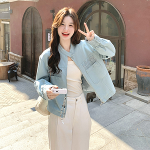 高级小众韩系chic蕾丝牛仔外套女春秋超火好看独特漂亮短夹克上衣图片