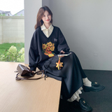 黑色假两件Polo领印花卫衣套装裙女2025秋松弛感减龄半身裙两件套，女装套装/套裙，2C196