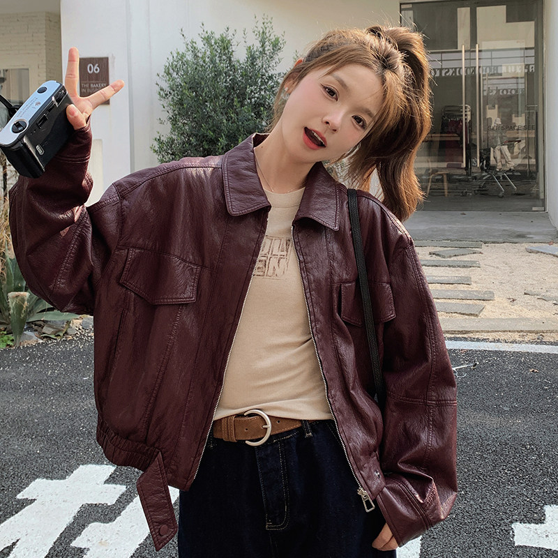 超好看安可拉红皮衣外套女春秋2025新款短款小个子美式pu皮夹克图片