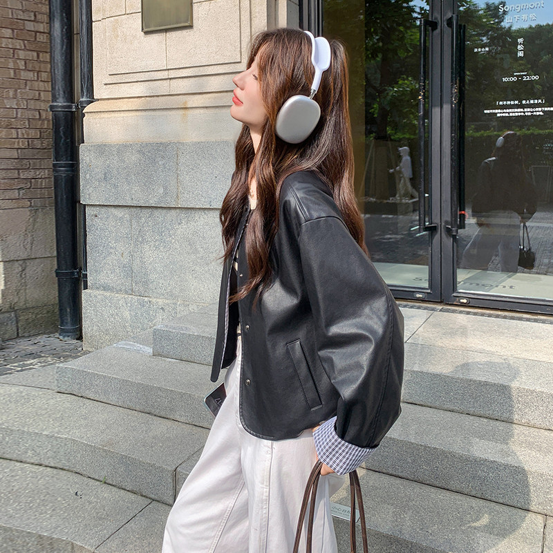 甜酷风格子拼接黑色皮衣外套女春秋2025新款甜美显瘦炸街PU夹克,女装皮衣,2C196