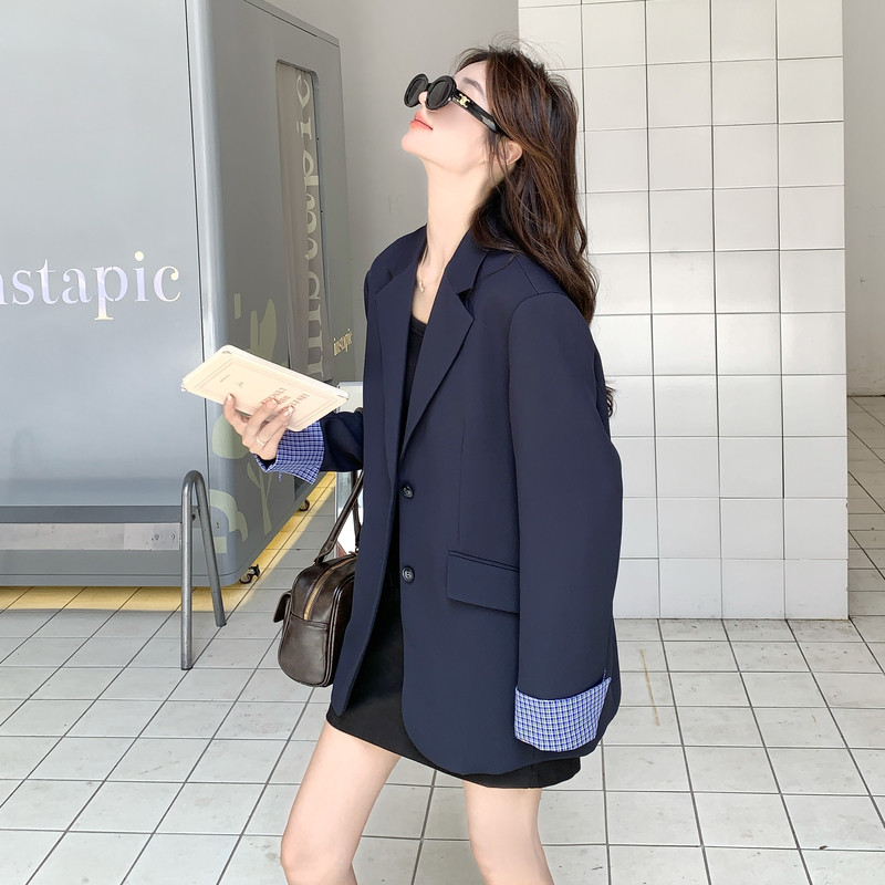 藏青色休闲西装外套女2025年秋季新款设计感气质时尚格纹拼接西服,女装西装,2C196