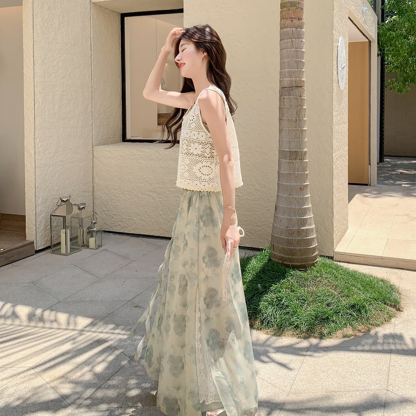 绿色独特绝美套装女夏季2025新款森系度假风叠穿垂感阔腿裤三件套,女装套装/套裙,2C196