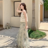 绿色独特绝美套装女夏季2025新款森系度假风叠穿垂感阔腿裤三件套，女装套装/套裙，2C196