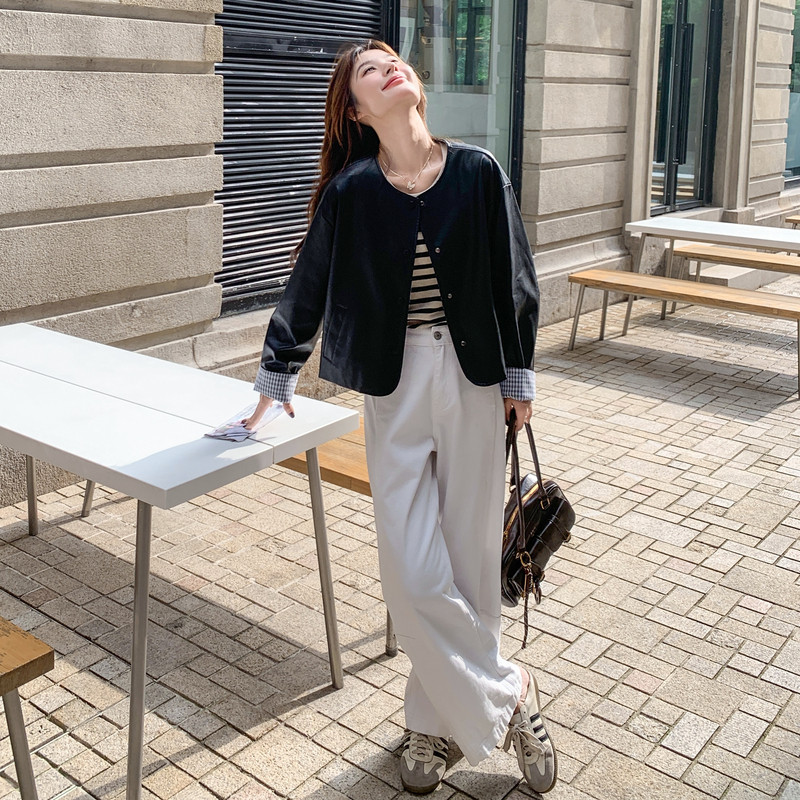 甜酷风格子拼接黑色皮衣外套女春秋2025新款甜美显瘦炸街PU夹克,女装皮衣,2C196
