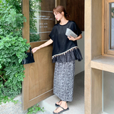 黑色荷叶边拼接T恤套装女2025夏新款法式高级感印花半身裙两件套，女装套装/套裙，2C196