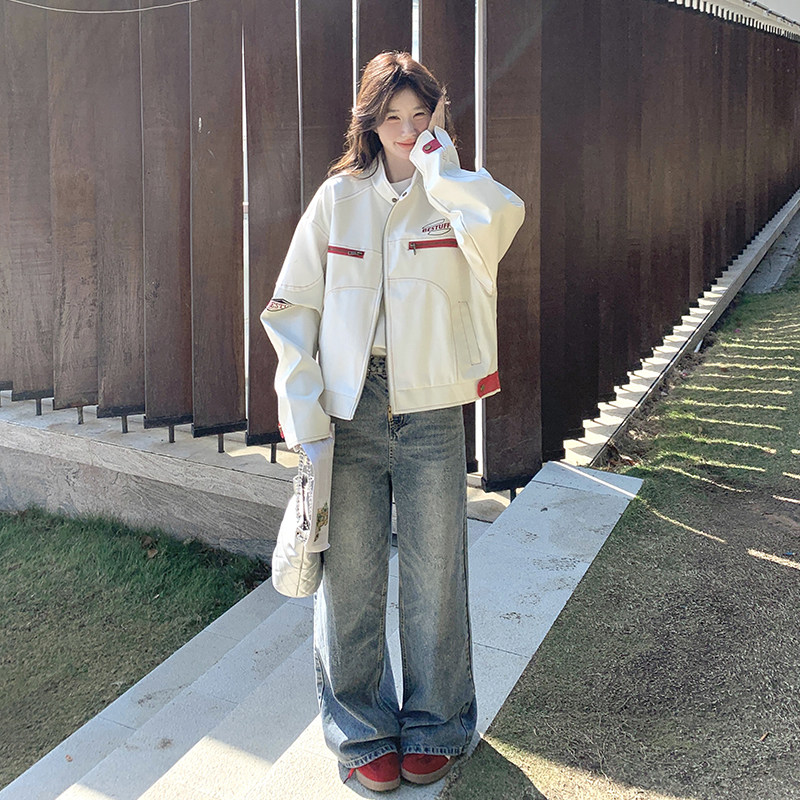 白色立领机车棒球服短外套女2025春秋季新款韩系宽松休闲夹克上衣,女装短外套,2C196