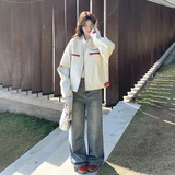 白色立领机车棒球服短外套女2025春秋季新款韩系宽松休闲夹克上衣，女装短外套，2C196