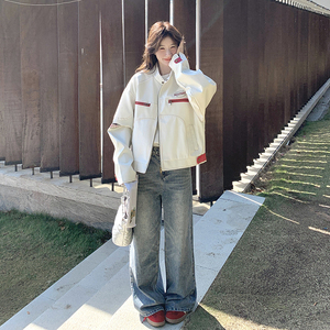 白色立领机车棒球服短外套女2025春秋季新款韩系宽松休闲夹克上衣图片