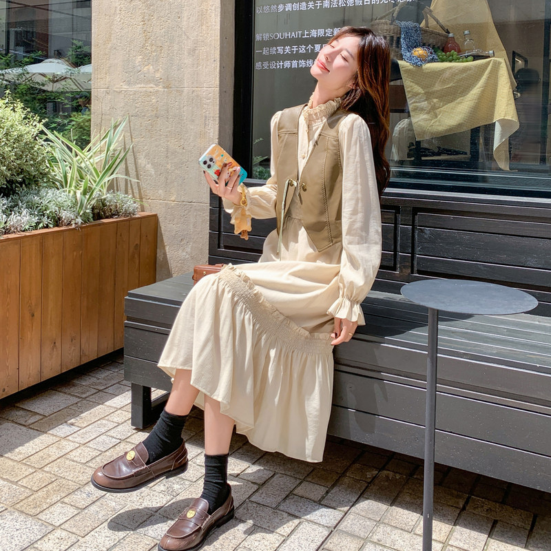 法式漂亮衬衫连衣裙套装女2025秋季新款高级感皮衣马甲长裙两件套,女装套装/套裙,2C196