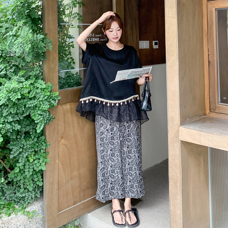 黑色荷叶边拼接T恤套装女2025夏新款法式高级感印花半身裙两件套,女装套装/套裙,2C196