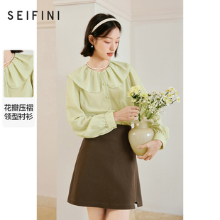诗凡黎衬衫女春新款赫本风衬衣法式复古漂亮内搭娃娃领上衣冬