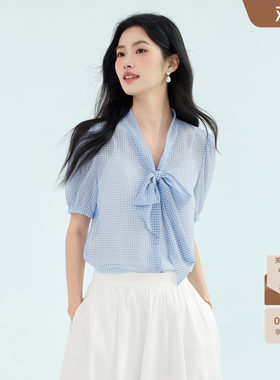 伊芙丽飘带肌理细格纹精致漂亮短袖上衣衬衫女款2025夏装新款