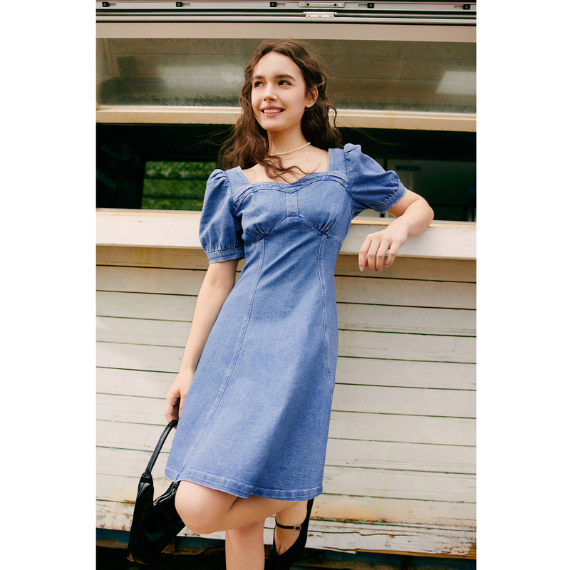 诗凡黎牛仔连衣裙2024年夏经典温柔系显瘦港风法式中长裙子女