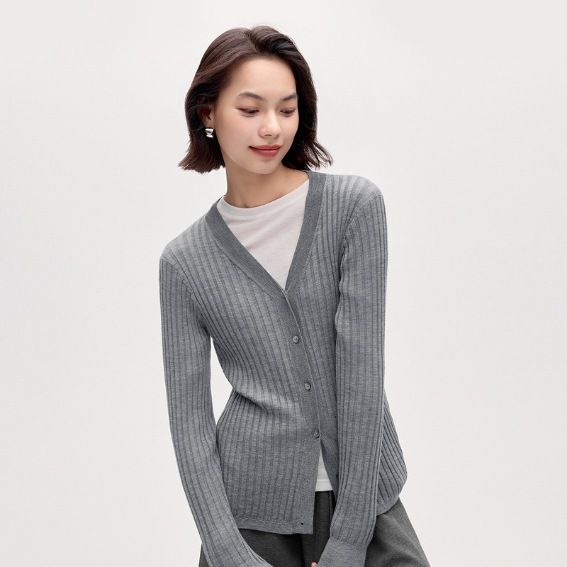 伊芙丽设计感毛须边全羊毛打底内搭针织开衫女上衣2024秋季新款