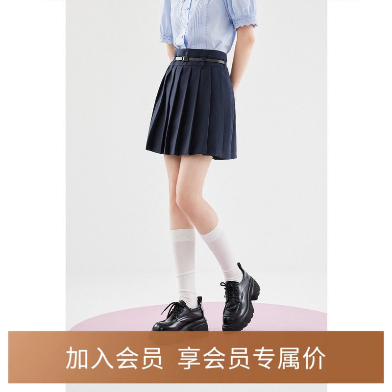 诗凡黎学院风藏青百褶半身裙2024年夏新款高腰显瘦jk小个子短裙女