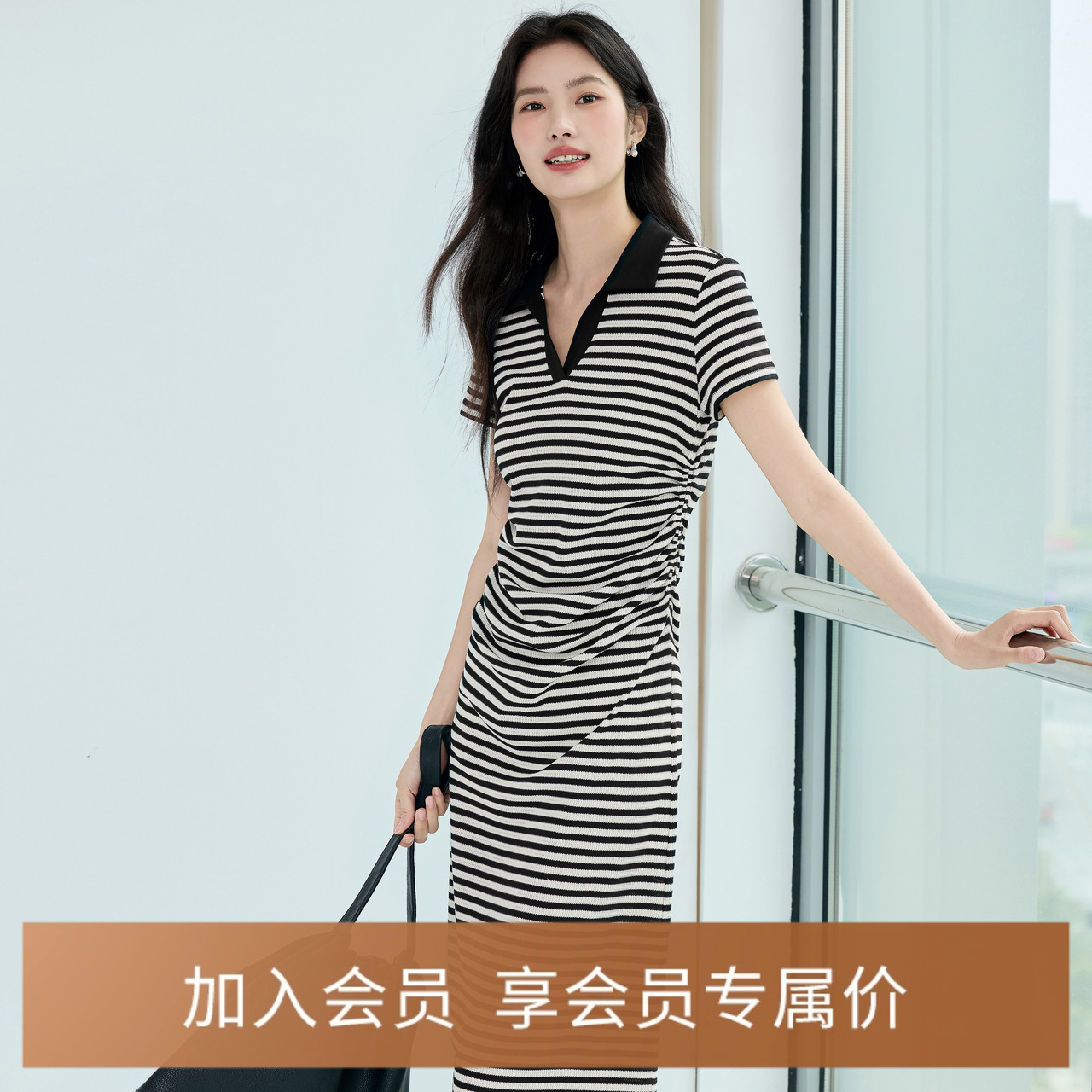 伊芙丽条纹POLO领连衣裙女夏装饰领褶皱设计2025夏装新款