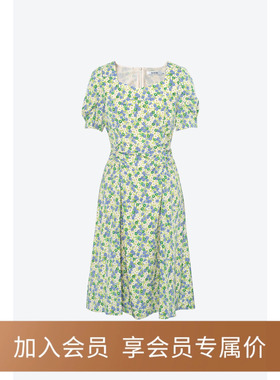 【商场同款】诗凡黎绿色方领碎花连衣裙2024夏新款裙子3F4899811