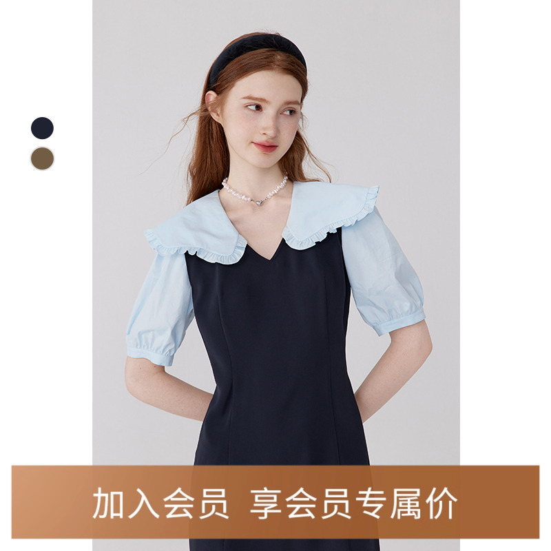 诗凡黎假两件娃娃领连衣裙2024夏新款流行漂亮显瘦茶歇法式长裙女