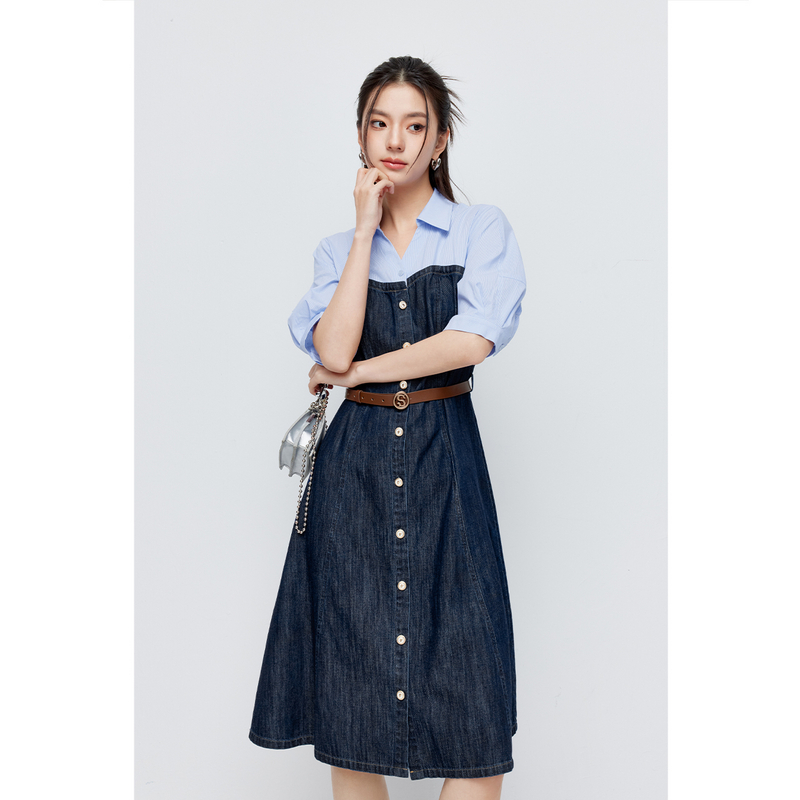 【商场同款】诗凡黎翻领牛仔拼接中长连衣裙2024夏新款3F4191251