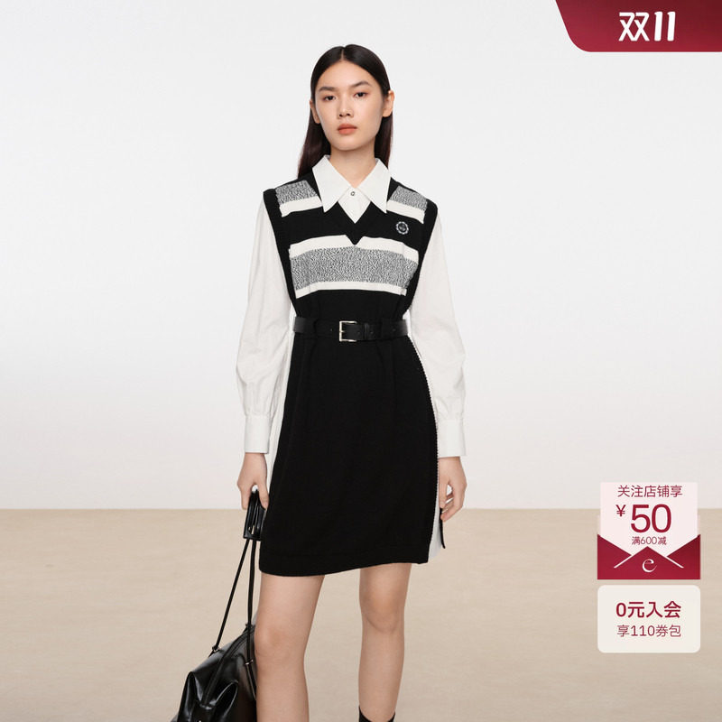 【商场同款】伊芙丽假两件条纹针织连衣裙2023秋季1EA193081