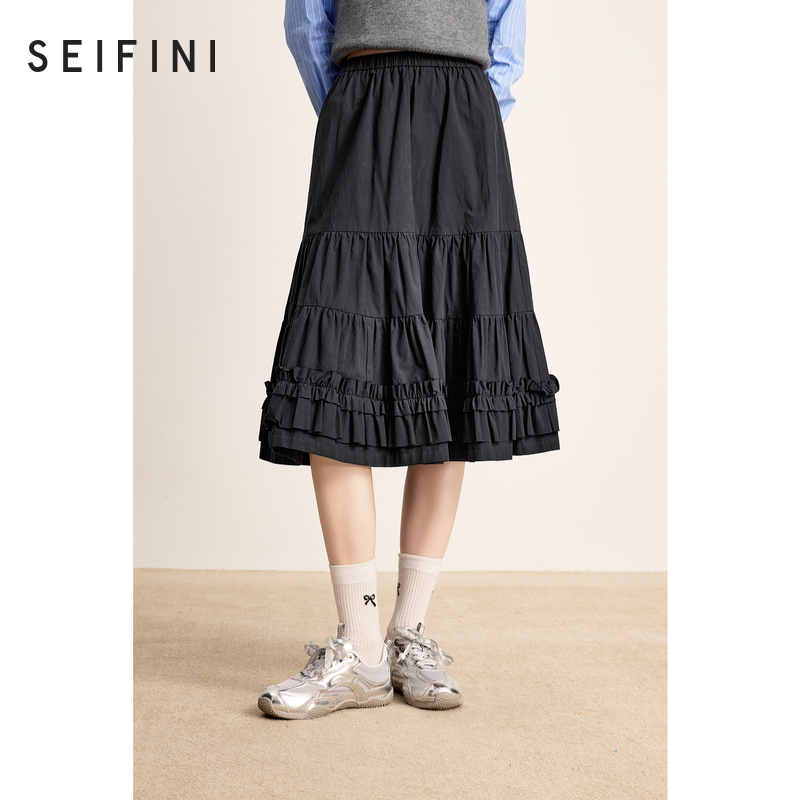 【商场同款】诗凡黎黑色蛋糕裙2024冬新款A字长款半裙女3FA141821