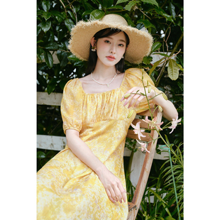 南法度假风裙子 诗凡黎方领晕染感水彩印花艺术生连衣裙2024夏新款