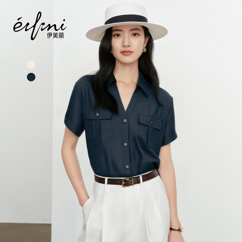 秦岚代言伊芙丽气质醋酸短袖polo衬衫女2026夏季新款工装风小上衣