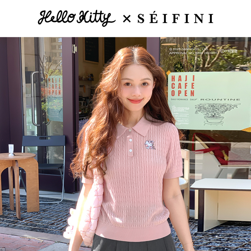 【HelloKitty合作系列】诗凡黎莱赛尔绞花针织衫25夏短袖薄上衣女