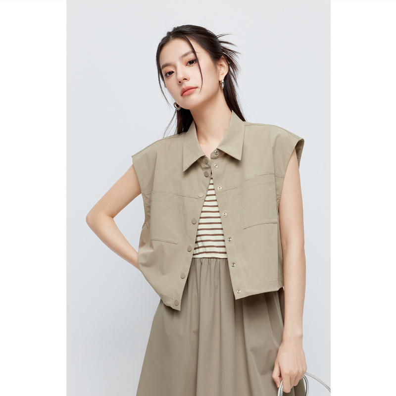 【商场同款】诗凡黎翻领无袖短外套2024夏新款流行上衣3F4110821