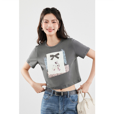 诗凡黎纯棉灰色蕾丝印花T恤2024年春新款内搭打底短款短袖上衣女