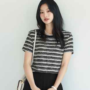 伊芙丽通勤简约百搭肌理感条纹小香风针织短袖 上衣 T恤女2024春装