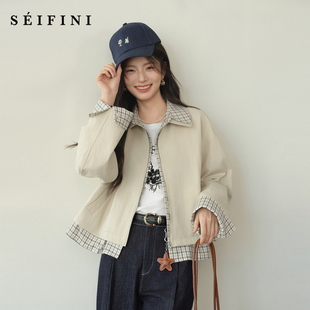 诗凡黎浅卡其格纹拼接短款风衣2026春新款微宽松简约休闲百搭外套