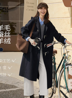 伊芙丽学院风连帽牛角扣袖口可调节毛呢外套气质大衣2025冬装新款
