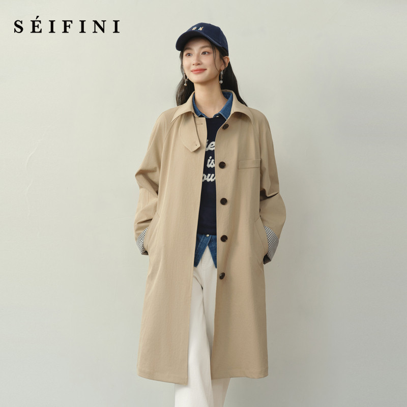 诗凡黎韩系格纹翻边通勤风衣2026春新款复古感翻领经典浅卡其外套,女装/女士精品,风衣,淘宝优惠券,粉丝福利购,淘宝优惠卷